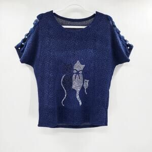 Blue Textured Rhinestone Cat Faux Pearl & Lace Detail Lightweight Shirt Size XL